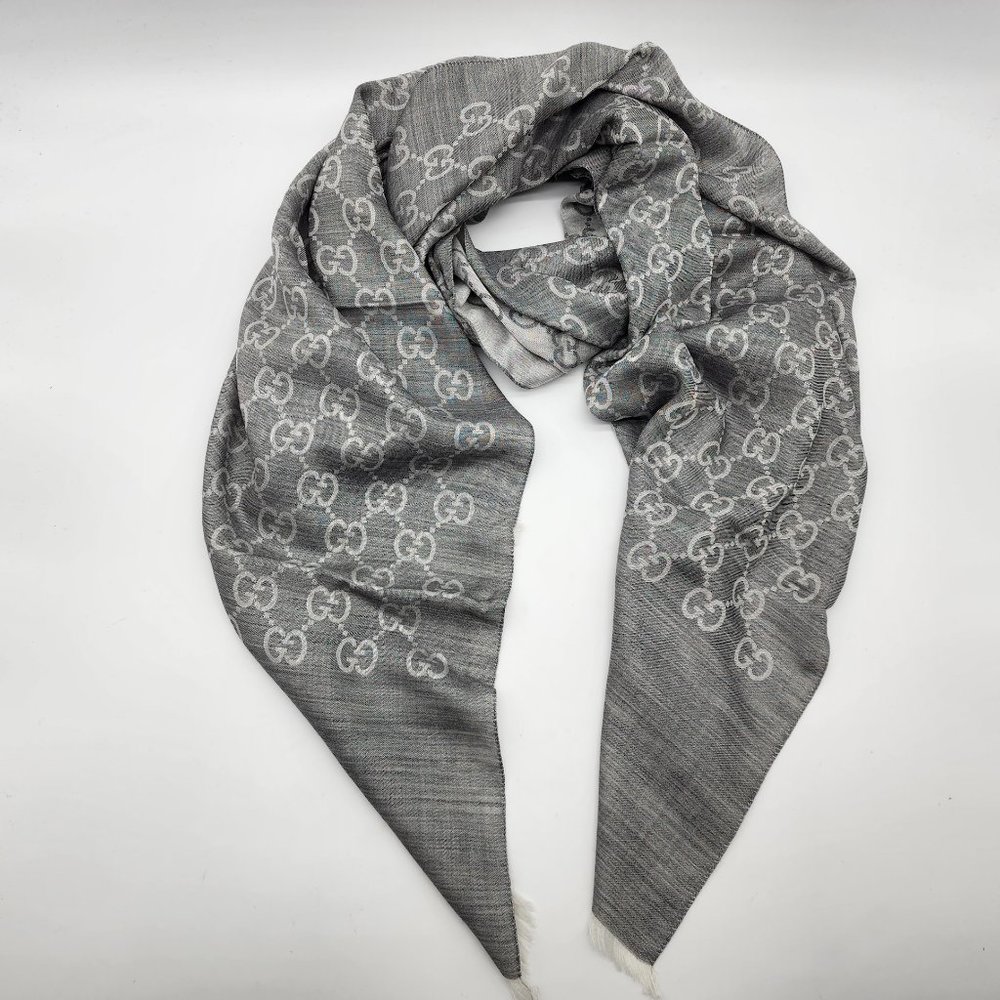 Gucci Wool Silk Monogram Fringe Scarf/Shawl | Gray | NEW